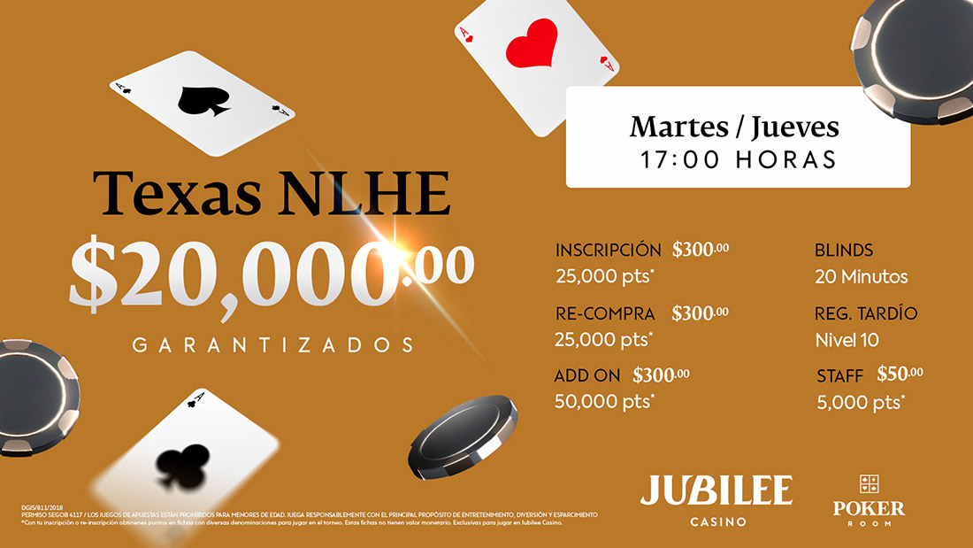  Torneo Texas NLHE con $20,000 pesos garantizados